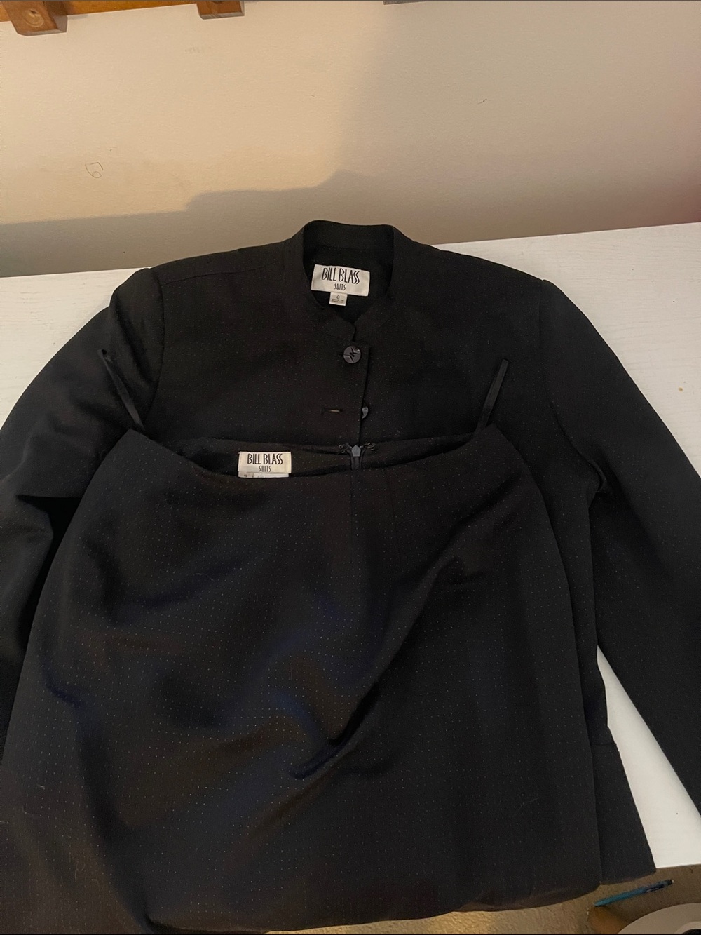 bill blass Black Women's Two-Piece Skirt Suit with Peach Lining Accent